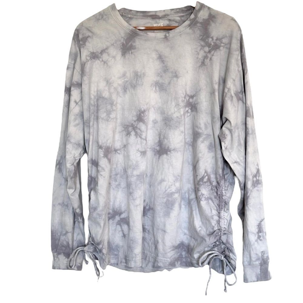 NWT Victorias Secret PINK Campus Crew‎ Ruched Sides Long Sleeve Tie Dye sz Med
